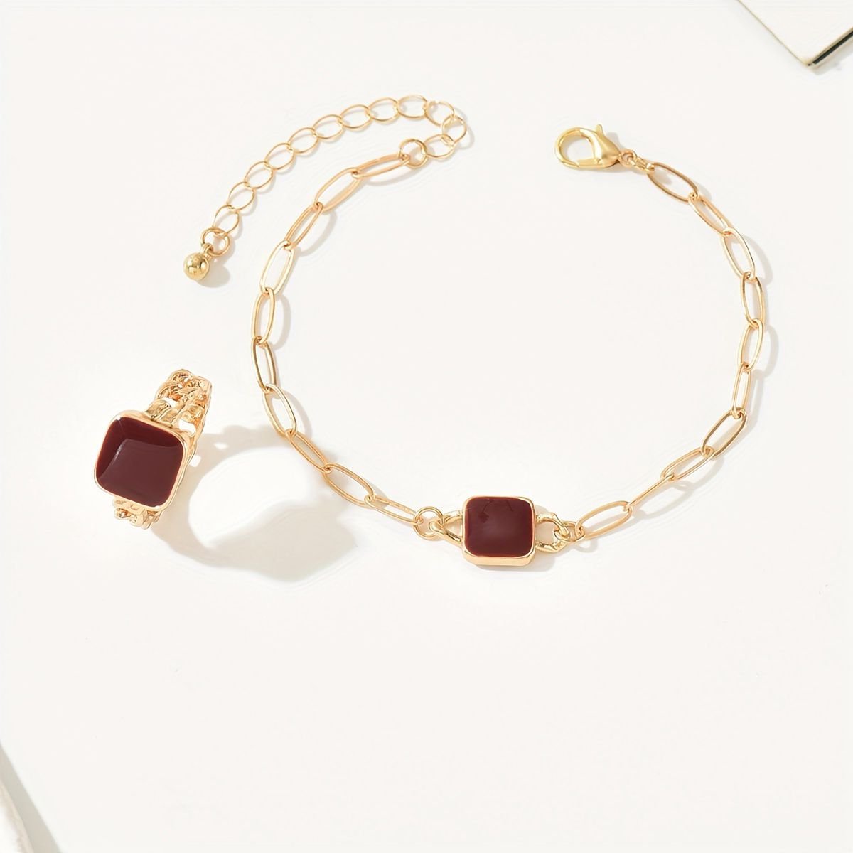 14K Gold Plated Square Agate Bracelet And Ring Set - Luxe & Timeless Jewelry My Store