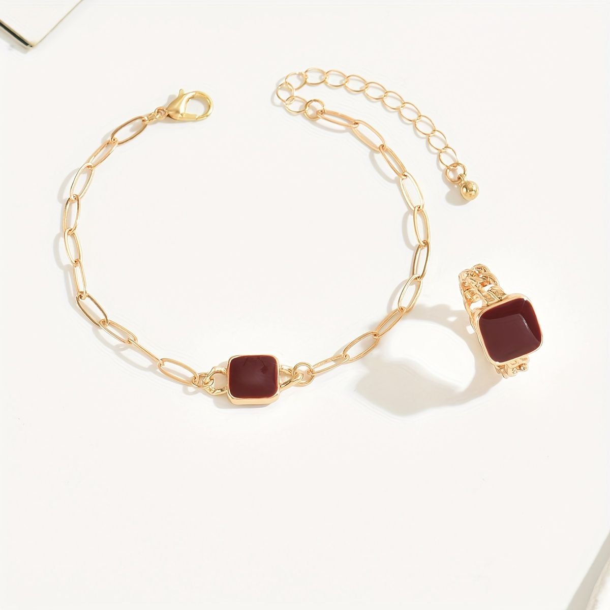 14K Gold Plated Square Agate Bracelet And Ring Set - Luxe & Timeless Jewelry My Store