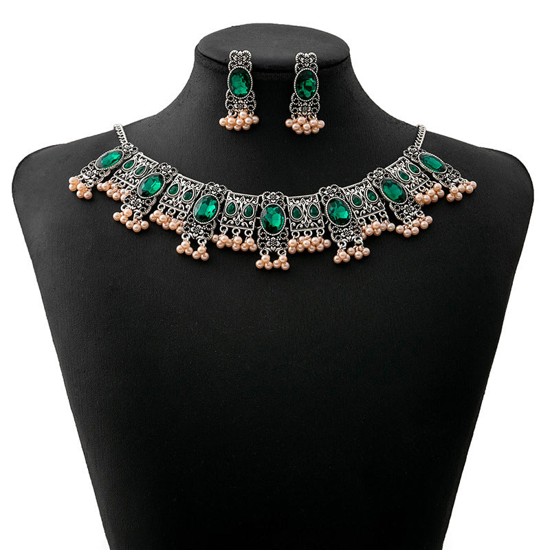 Vintage Emerald Earrings Ethnic Style Square Tassel Bead Pendant Jewelry Suit My Store