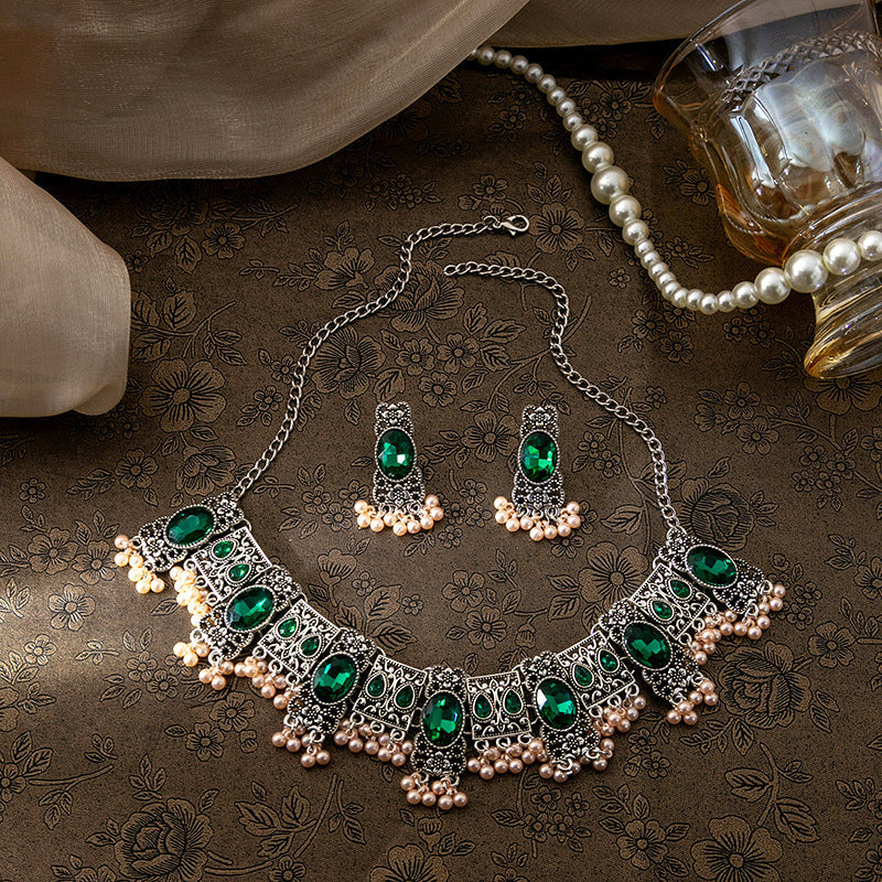 Vintage Emerald Earrings Ethnic Style Square Tassel Bead Pendant Jewelry Suit My Store