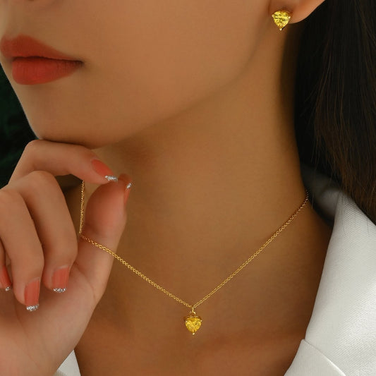Elegant Heart-Shaped Yellow Crystal Pendant  Necklace And Stud Earrings Set My Store